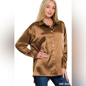 Zenana Satin Button Down Long Sleeve Shirt
